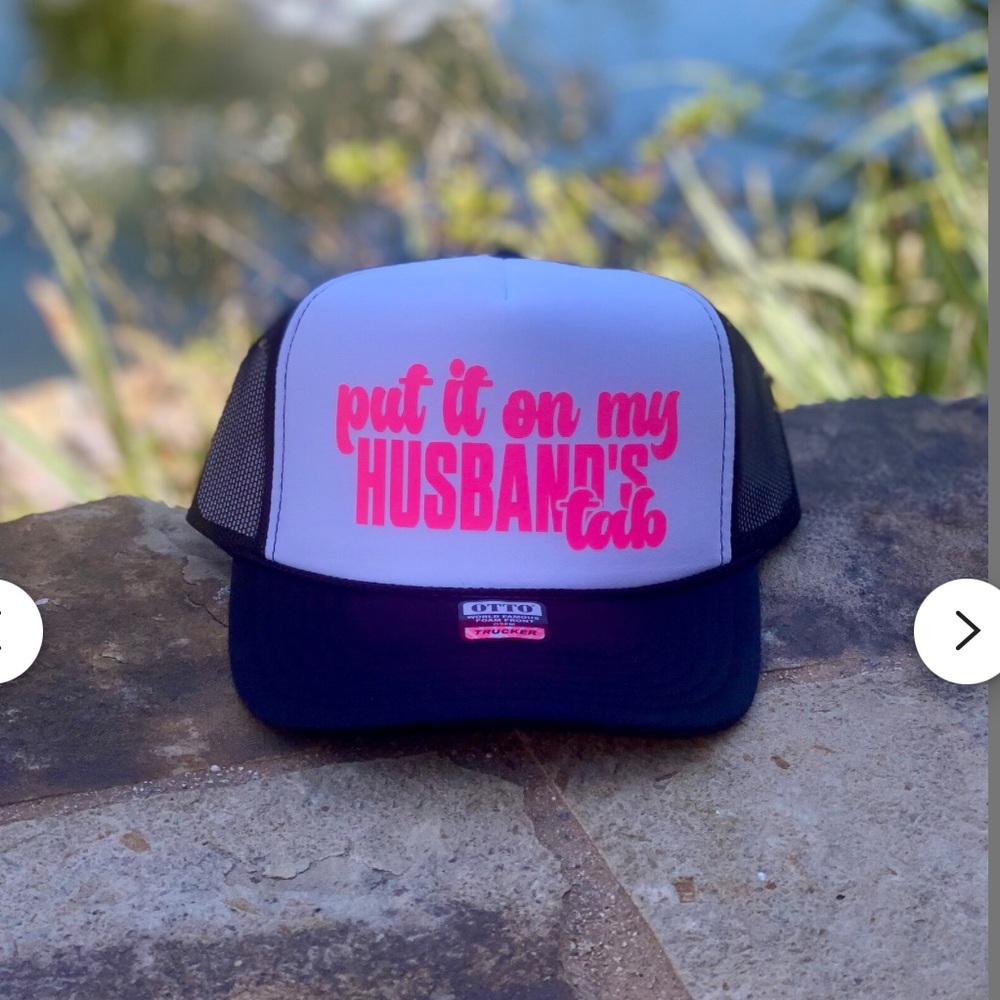 Black and White Trucker Hat with Pink Text